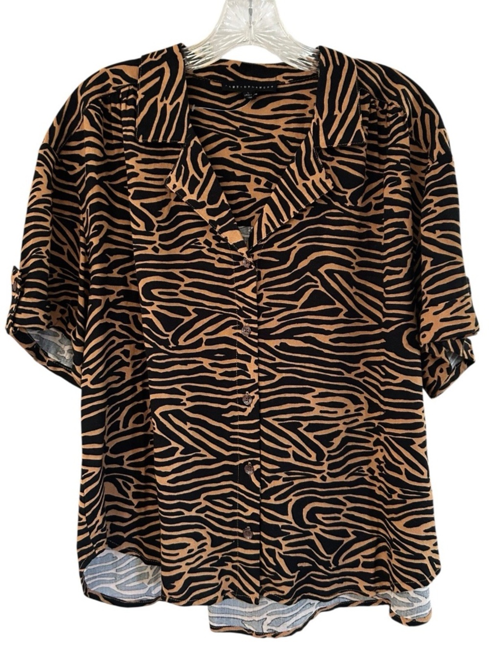 Jane + Delancey Brown Black Zebra Button Down Short Sleeve Shirt Large NWOT